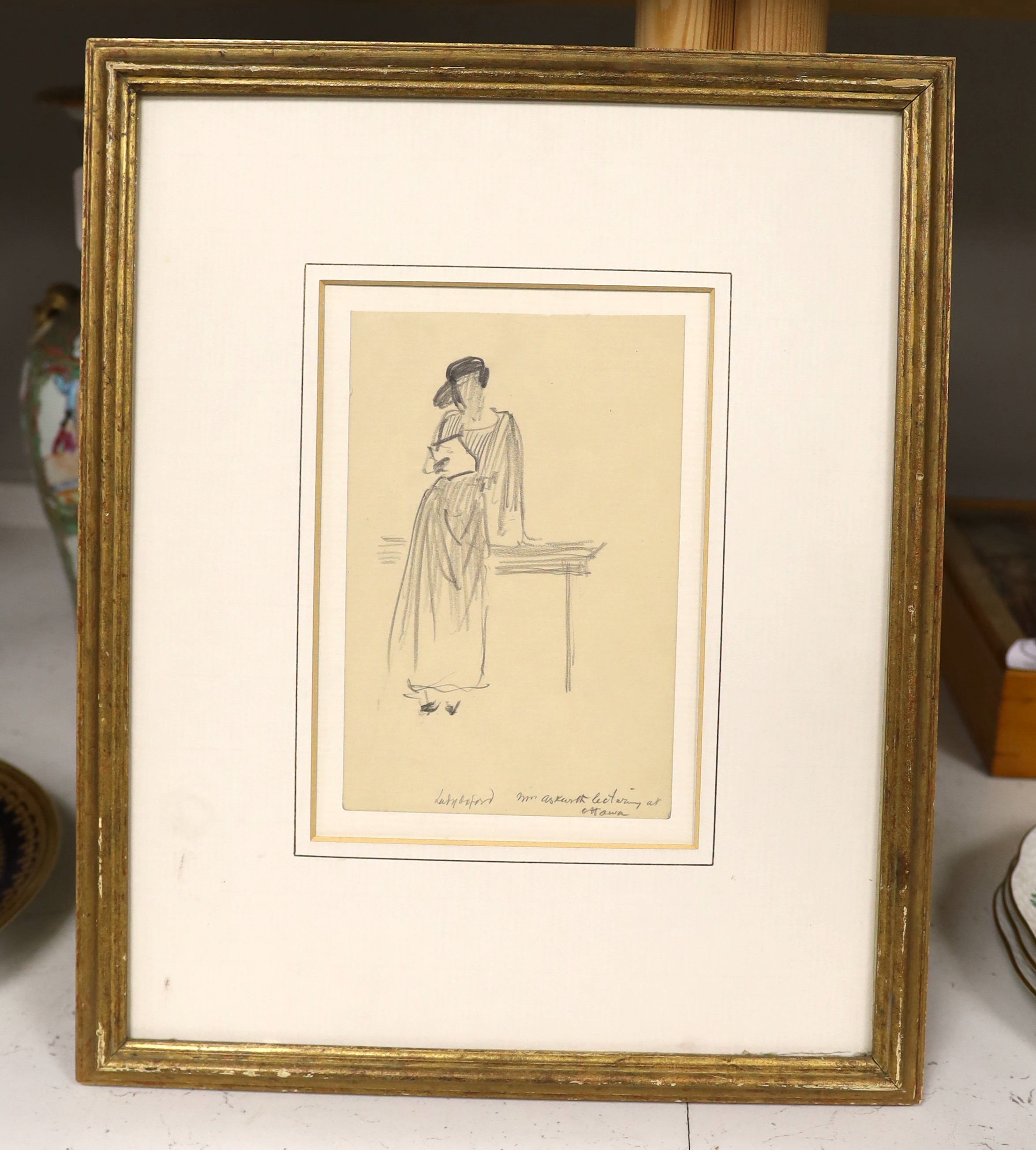 Frederick Samuel Beaumont (British, 1861-1954), pencil drawing, 'Lady Oxford, Mrs Askwith (sic) lecturing at Ottawa', exhibition label verso, 19 x 12.5cm.